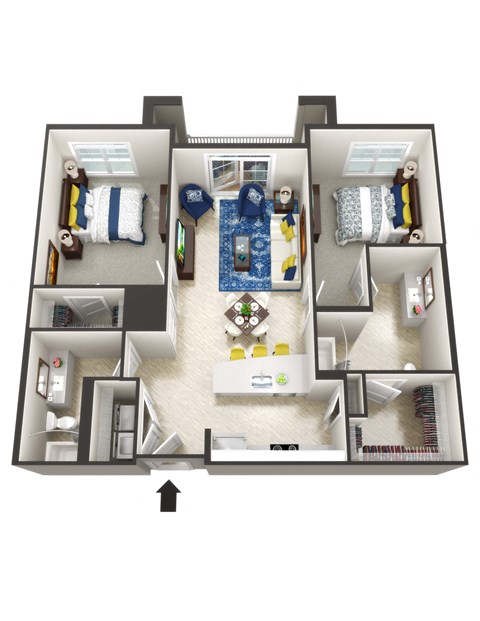 Floor plan for 2 beds, 2 baths, 1117 sqft